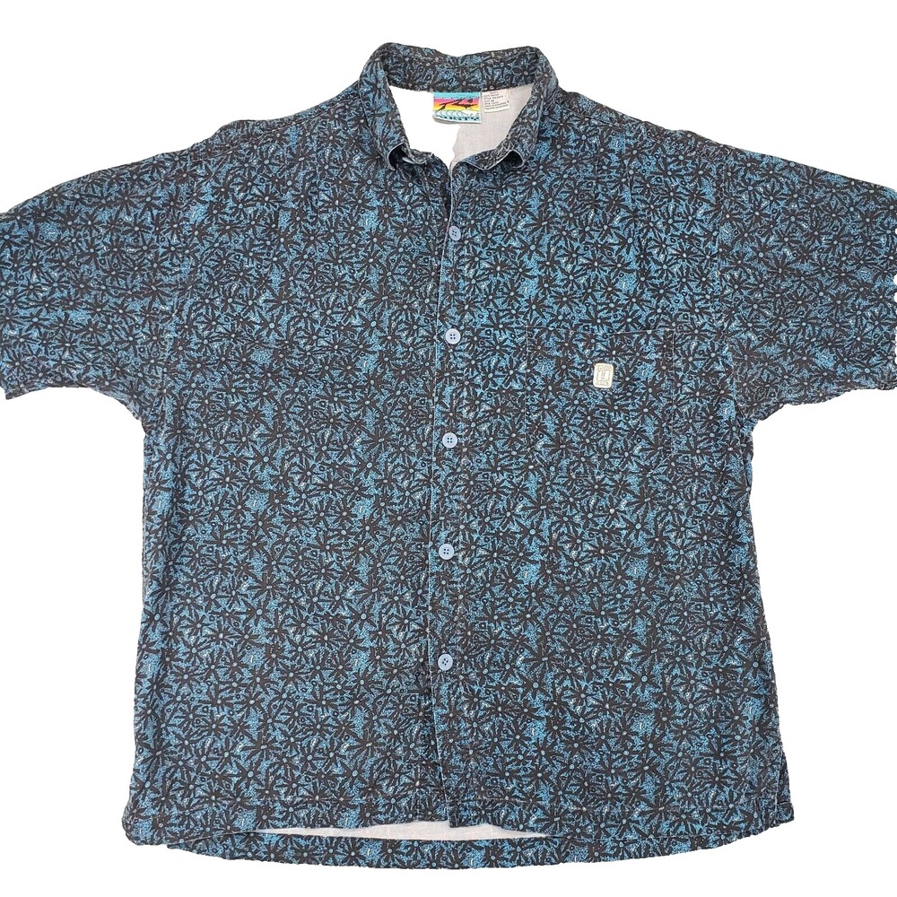 Rusty Tropical Floral Button‎ Up Mens L Black Turquoise Rayon Camp Collar 90s